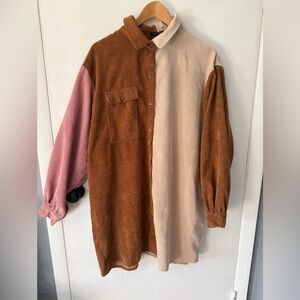 Nasty Gal Corduroy Colorblock Shirt Dress in Rust, Cream & Pink